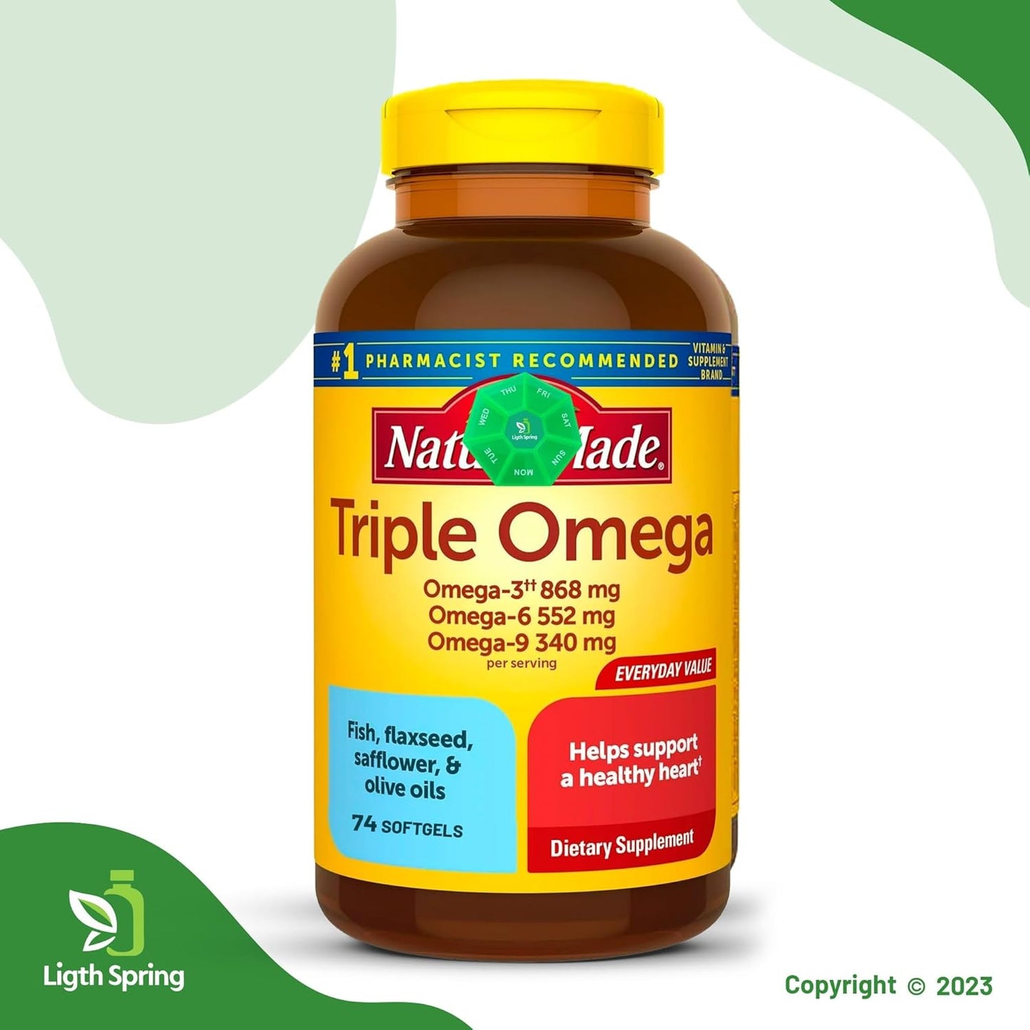 Bundle: LightSpring Triple Omega 3-6-9 Softgels 74ct (2 Pack) with A to Z Vitamins & Minerals, Better Guide, Pill Organizer