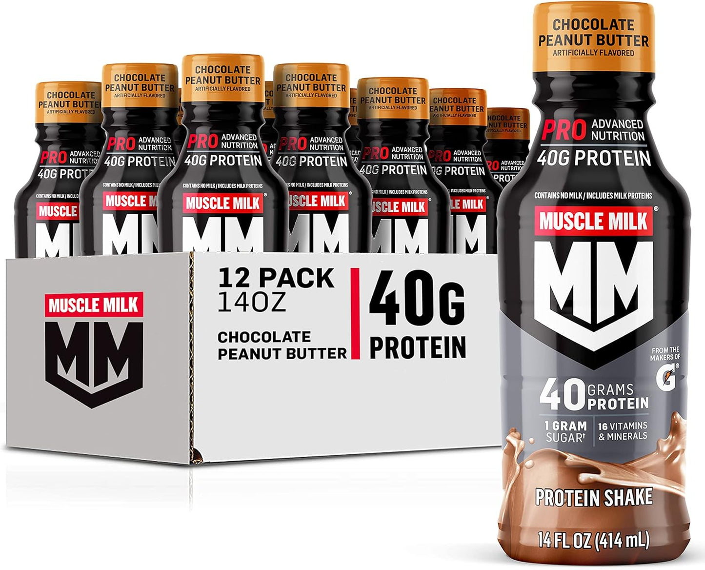 Bundle: Muscle Milk Pro Series Chocolate Peanut Butter & Pro Advanced Nutrition Knockout Chocolate Protein Shakes - 24 Pack, 40g & 32g Protein