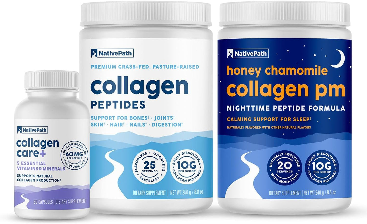Bundle: NativePath Collagen Support Trio - Collagen 25 Servings, Collagen Care+, Honey Chamomile Collagen PM
