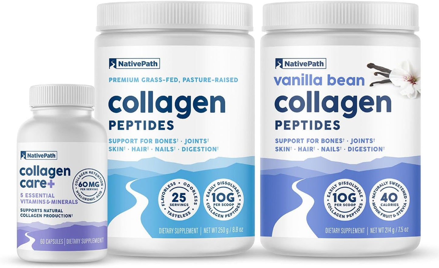 Bundle: NativePath Collagen Support Trio - Includes Collagen 25 Servings, Collagen Care+, and Vanilla Bean Collagen - Boost Skin, Hair, and Joint Health