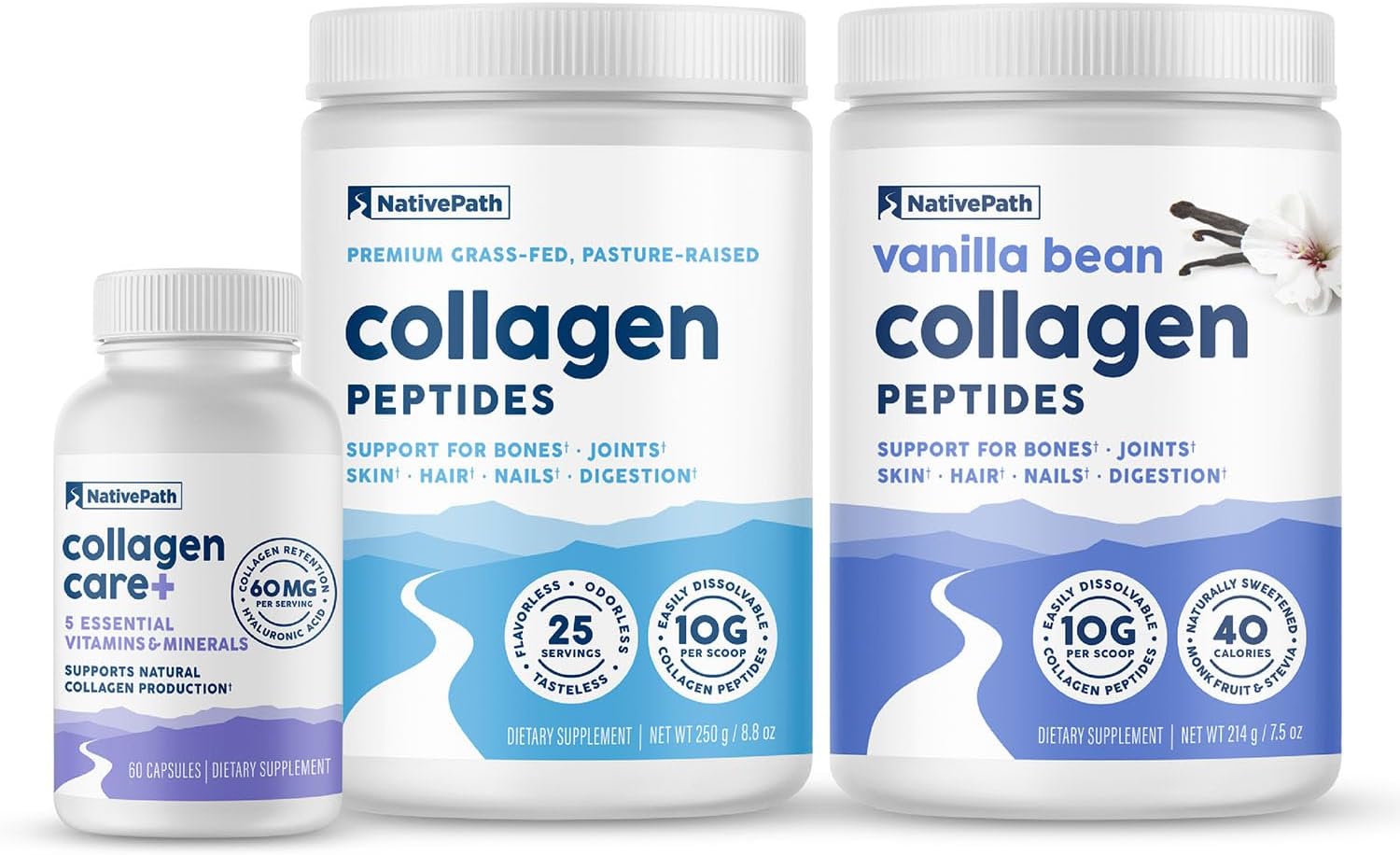 Bundle: NativePath Collagen Support Trio - Includes Collagen 25 Servings, Collagen Care+, and Vanilla Bean Collagen - Boost Skin, Hair, and Joint Health