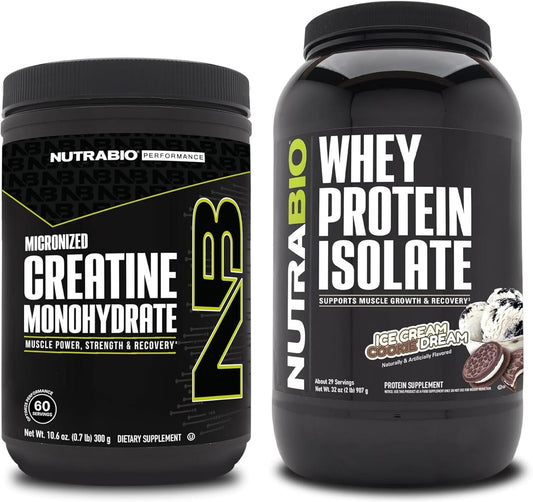 Bundle: NutraBio Creatine Monohydrate & Whey Protein Isolate for Muscle Energy, Growth, Recovery, Strength - 300g Unflavored & Ice Cream Cookie Dream