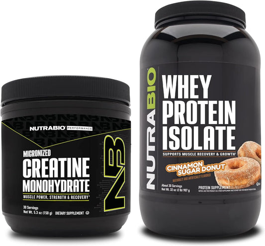 Bundle: NutraBio Creatine Monohydrate & Whey Protein Isolate - Muscle Energy, Growth, Recovery, Strength - 150g Unflavored & Cinnamon Sugar Donut