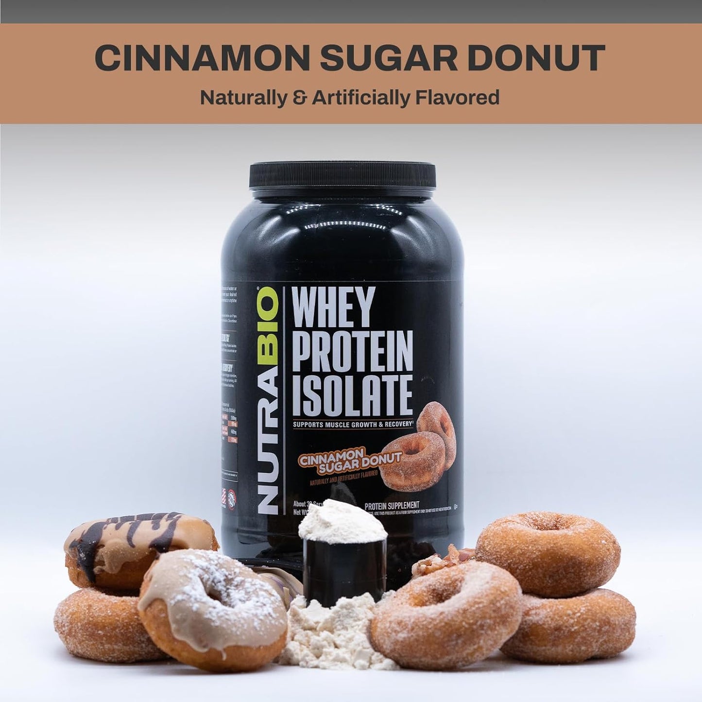 Bundle: NutraBio Creatine Monohydrate & Whey Protein Isolate - Muscle Energy, Growth, Recovery, Strength - 150g Unflavored & Cinnamon Sugar Donut
