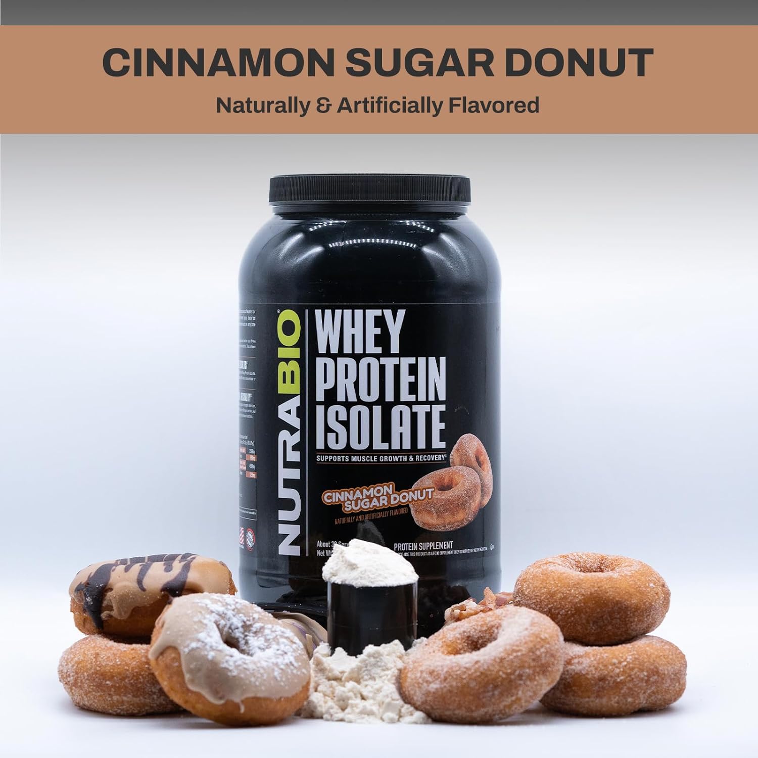 Bundle: NutraBio Creatine Monohydrate & Whey Protein Isolate - Muscle Energy, Growth, Recovery, Strength - 150g Unflavored & Cinnamon Sugar Donut