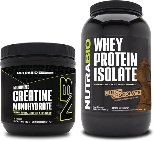 Bundle: NutraBio Unflavored Creatine Monohydrate 150g + Dutch Chocolate Whey Protein Isolate - Muscle Energy, Lean Muscle Growth, Recovery, Strength