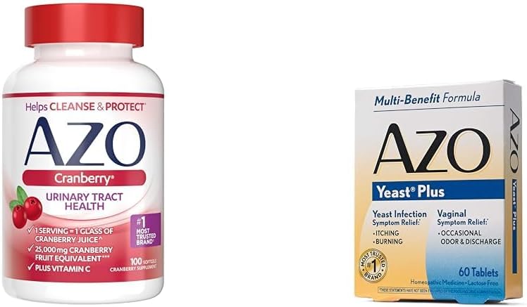 Bundle of AZO Cranberry Urinary Tract Softgels and Yeast Plus Vaginal Relief Tablets, 100 and 60 Count