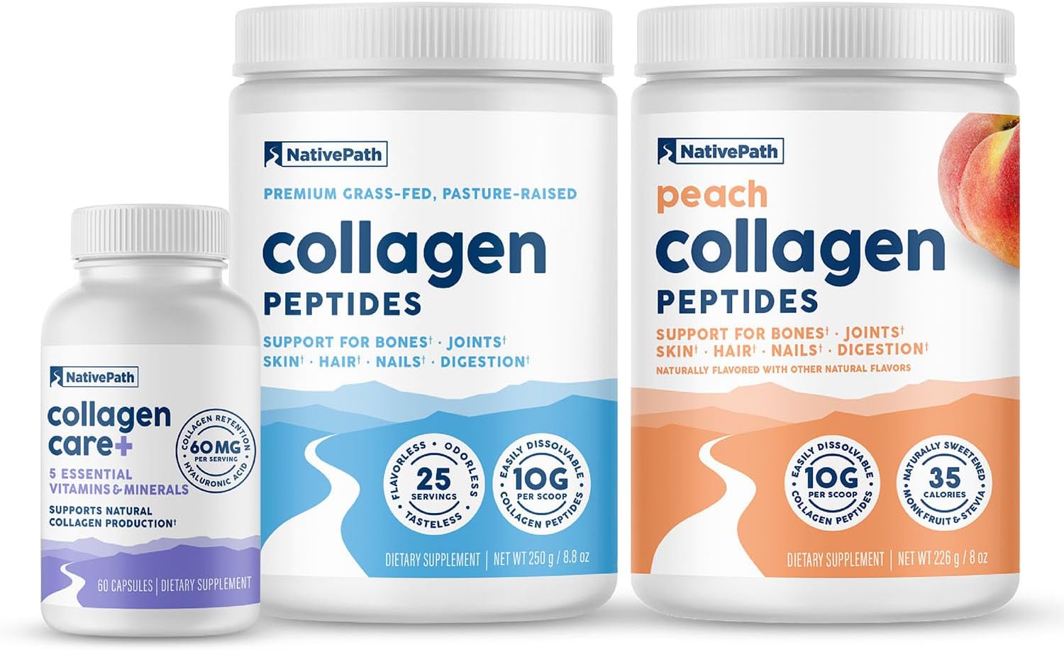 Bundle of NativePath Collagen Trio: Collagen Powder 25 Servings, Collagen Care+, Peach Flavor