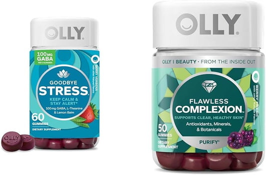 Bundle: OLLY Goodbye Stress & Flawless Complexion Gummy Supplements, 110 Count for Skin Support