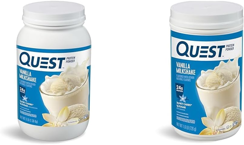 Bundle: Quest Vanilla Milkshake Protein Powder - 24g Protein, 1g Sugar, Low Carb, Gluten Free - 3 & 1.6lb - 43 & 23 Servings