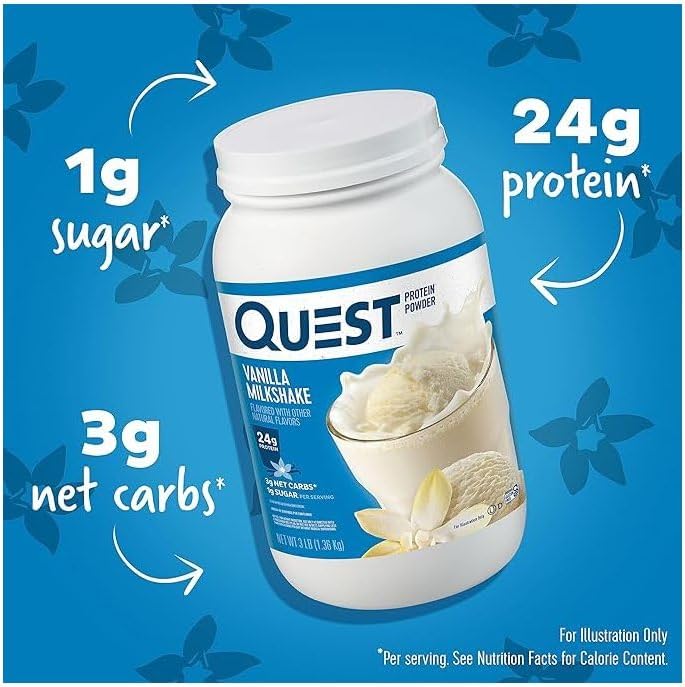Bundle: Quest Vanilla Milkshake Protein Powder - 24g Protein, 1g Sugar, Low Carb, Gluten Free - 3 & 1.6lb - 43 & 23 Servings
