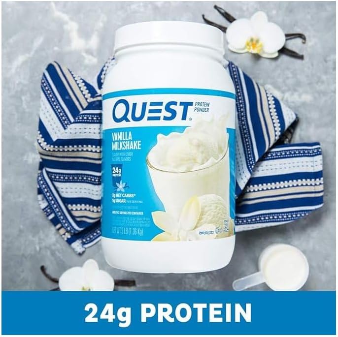 Bundle: Quest Vanilla Milkshake Protein Powder - 24g Protein, 1g Sugar, Low Carb, Gluten Free - 3 & 1.6lb - 43 & 23 Servings