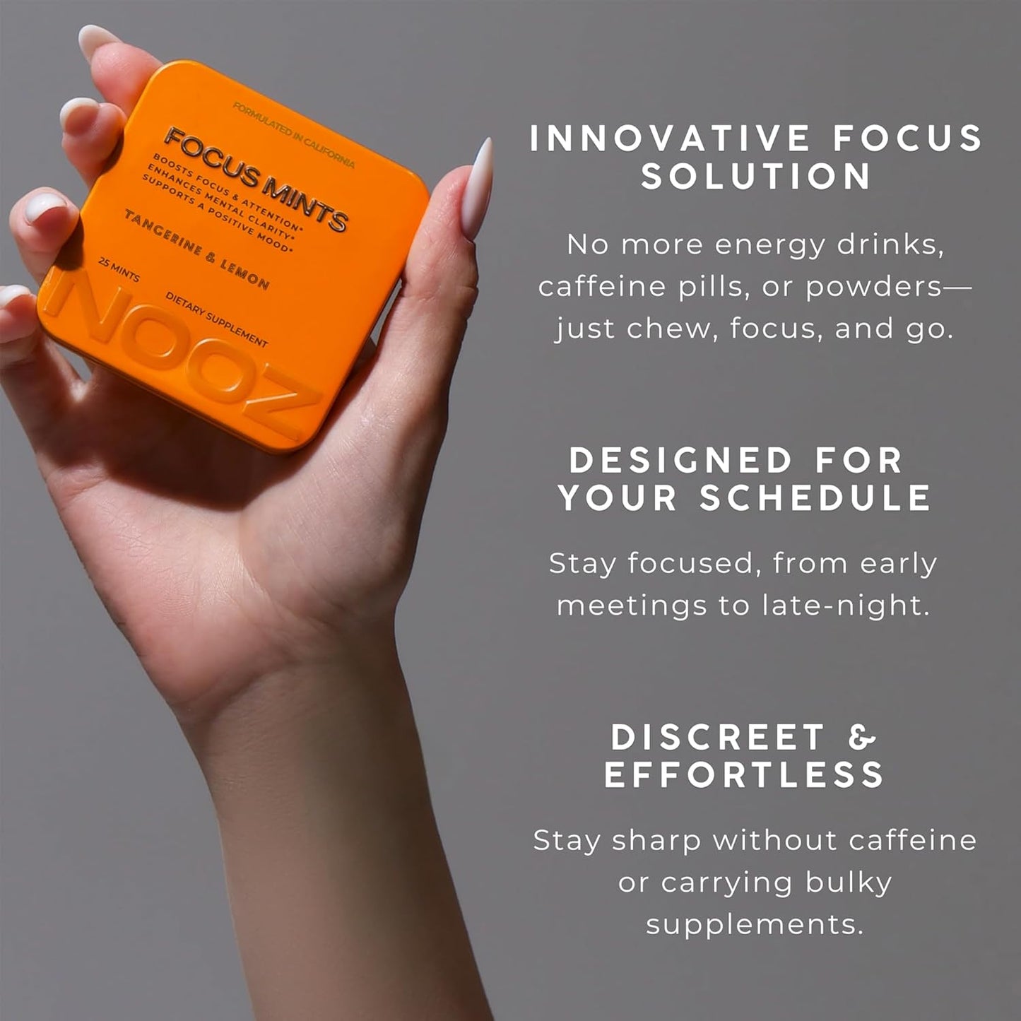 Caffeine-Free Brain Boosting Mints for Mental Clarity - Tangerine & Lemon Flavor | Sugar-Free, Travel-Friendly Supplement with Vitamins C, B6, B12 - Non-GMO, Clean Label - 25 Mints