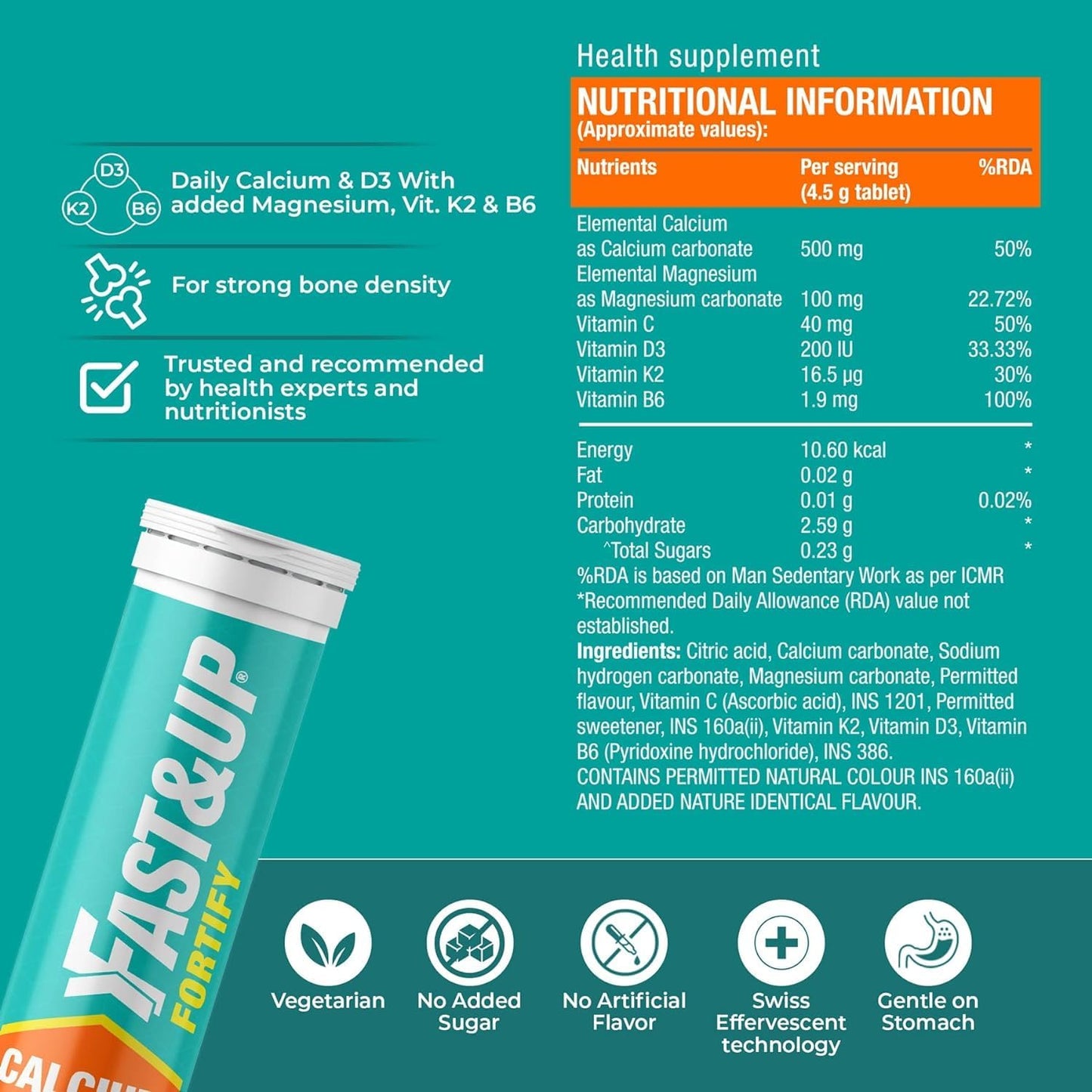 Calcium and Vitamin D3 Chewable Tablets for Enhanced Absorption - Orange Flavour, 20 Tablets, Complete Health Support
