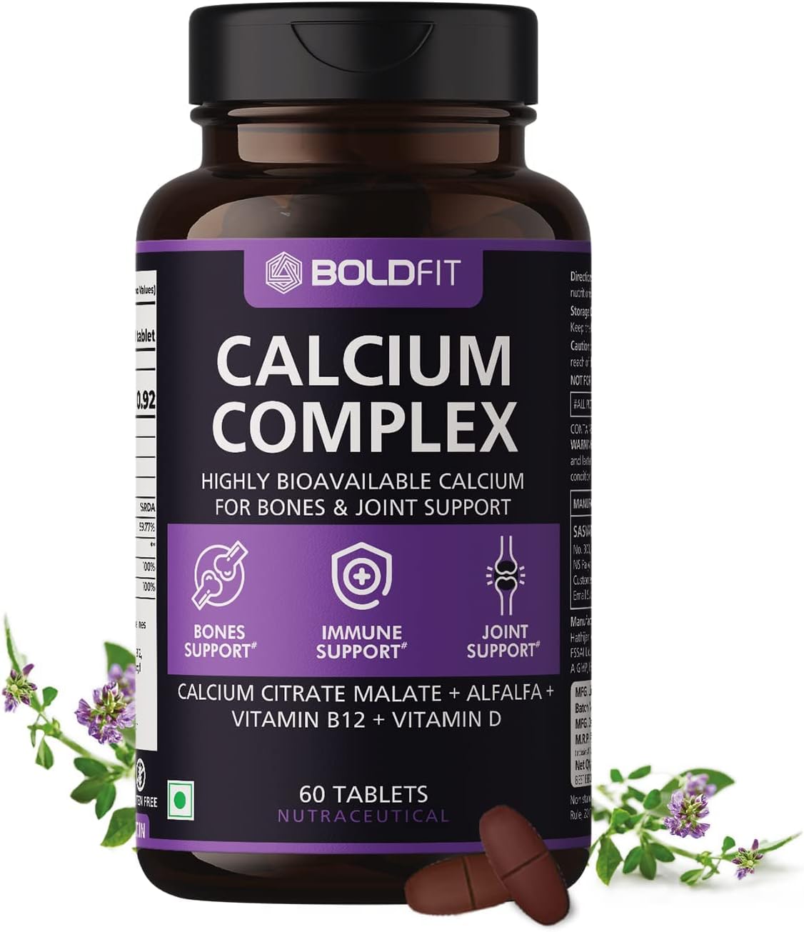 Calcium Complex Supplement for Immune Support & Bone Health - 1000mg Tablets with Vitamin D2 & B12 - 60 Veg Tablets for Men & Women