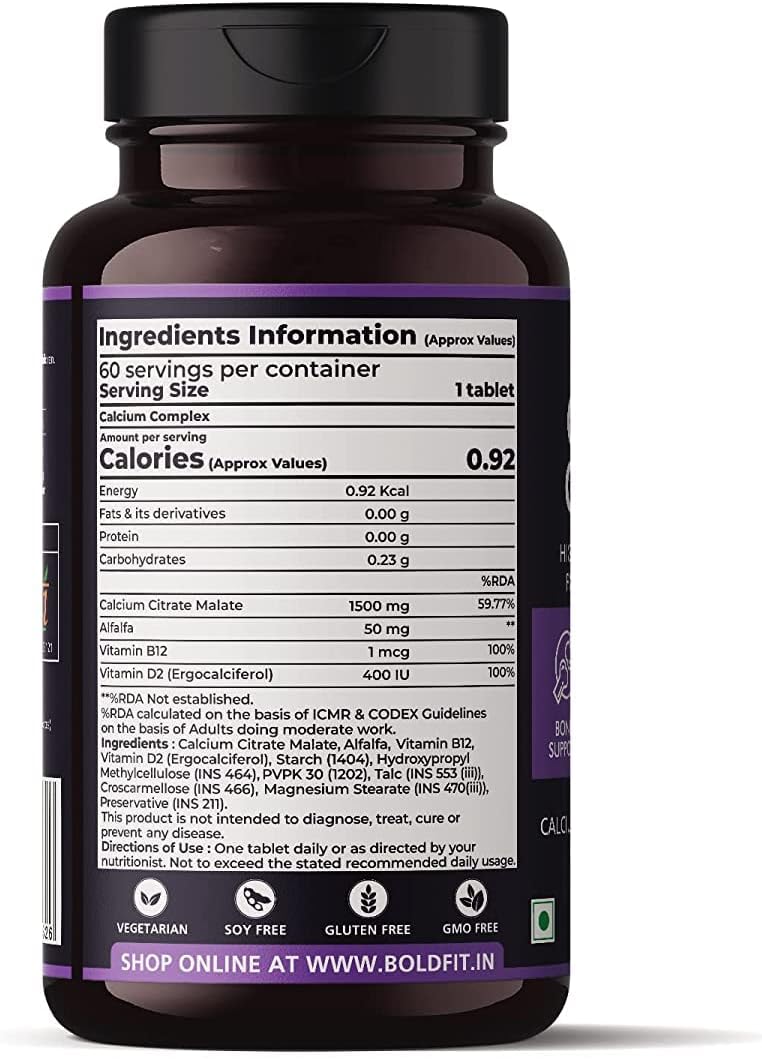 Calcium Complex Supplement for Immune Support & Bone Health - 1000mg Tablets with Vitamin D2 & B12 - 60 Veg Tablets for Men & Women