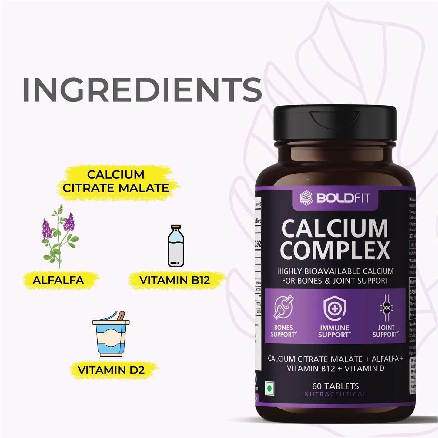 Calcium Complex Supplement for Immune Support & Bone Health - 1000mg Tablets with Vitamin D2 & B12 - 60 Veg Tablets for Men & Women