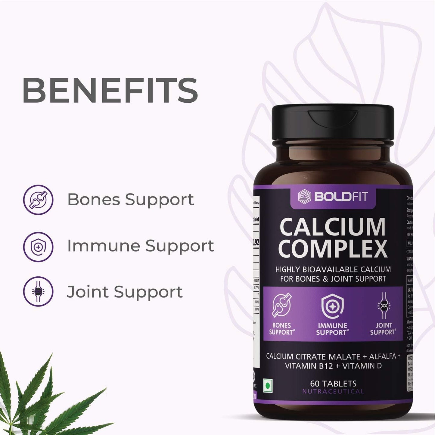 Calcium Complex Supplement for Immune Support & Bone Health - 1000mg Tablets with Vitamin D2 & B12 - 60 Veg Tablets for Men & Women