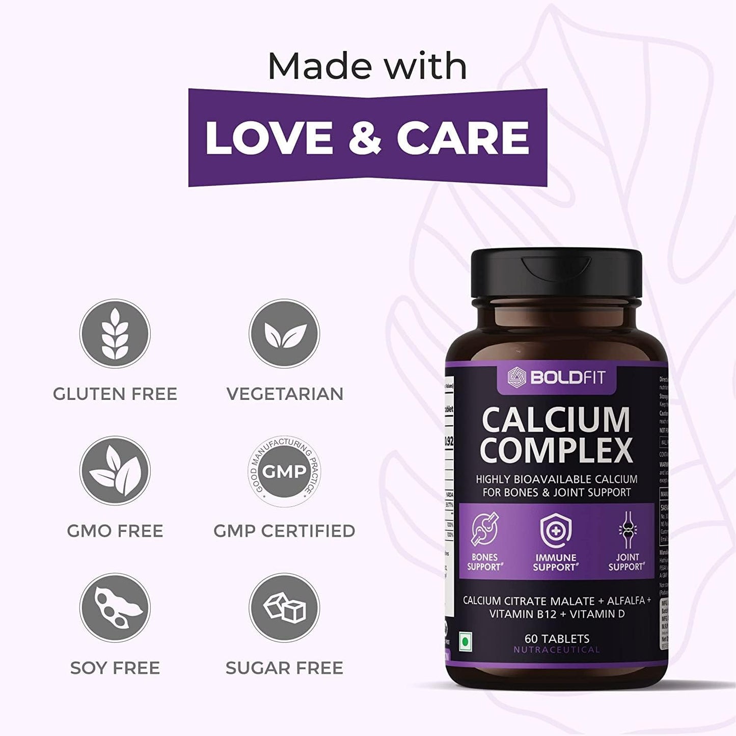 Calcium Complex Supplement for Immune Support & Bone Health - 1000mg Tablets with Vitamin D2 & B12 - 60 Veg Tablets for Men & Women