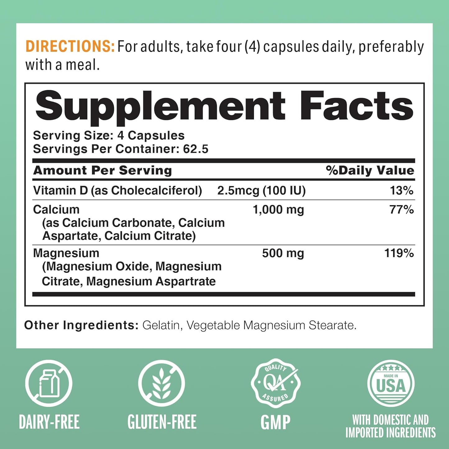 Calcium Magnesium with Vitamin D3 for Bone Health - 1000mg Calcium, 500mg Magnesium - Gluten & Dairy Free - 250 Capsules