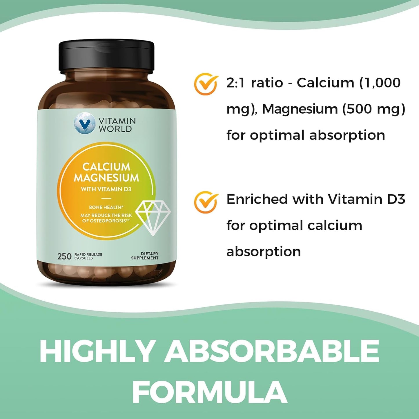 Calcium Magnesium with Vitamin D3 for Bone Health - 1000mg Calcium, 500mg Magnesium - Gluten & Dairy Free - 250 Capsules