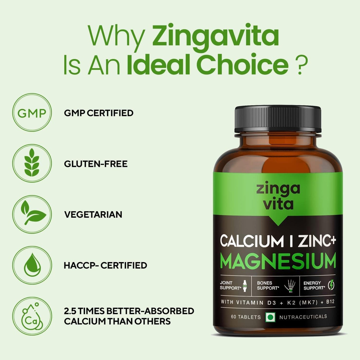Calcium Magnesium Zinc Tablets with Vitamin D3, K2 & B12 for Bone & Joint Health - 60 Tablets