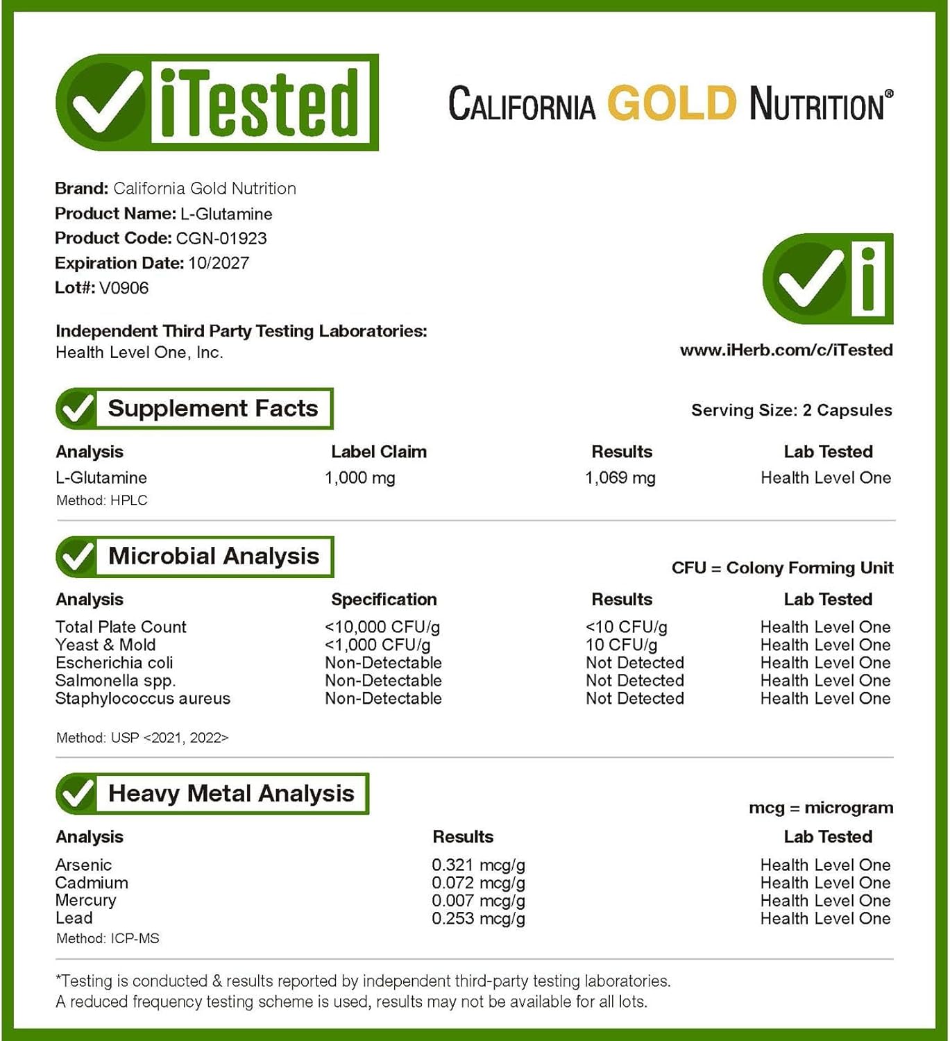 California Gold Nutrition AjiPure L-Glutamine 1000mg 120 Veggie Capsules - High Quality Amino Acid Supplement