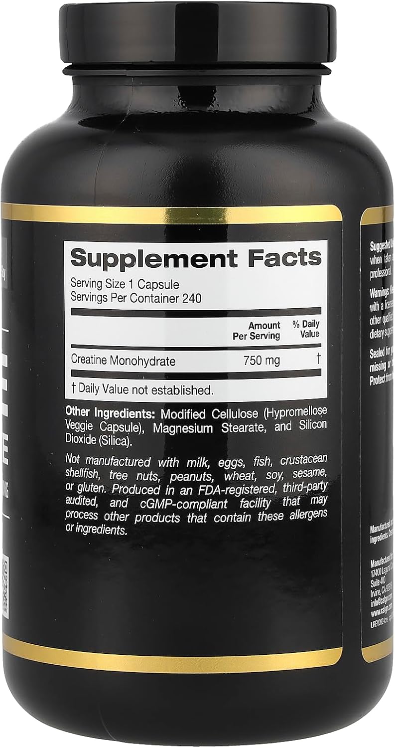 California Gold Nutrition Sport Creatine 750mg 240 Veggie Capsules for Endurance & Muscle Growth