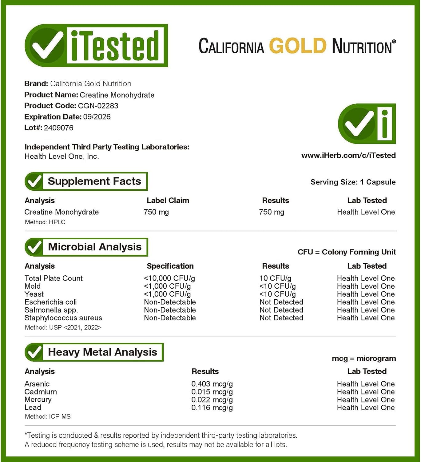 California Gold Nutrition Sport Creatine 750mg 240 Veggie Capsules for Endurance & Muscle Growth