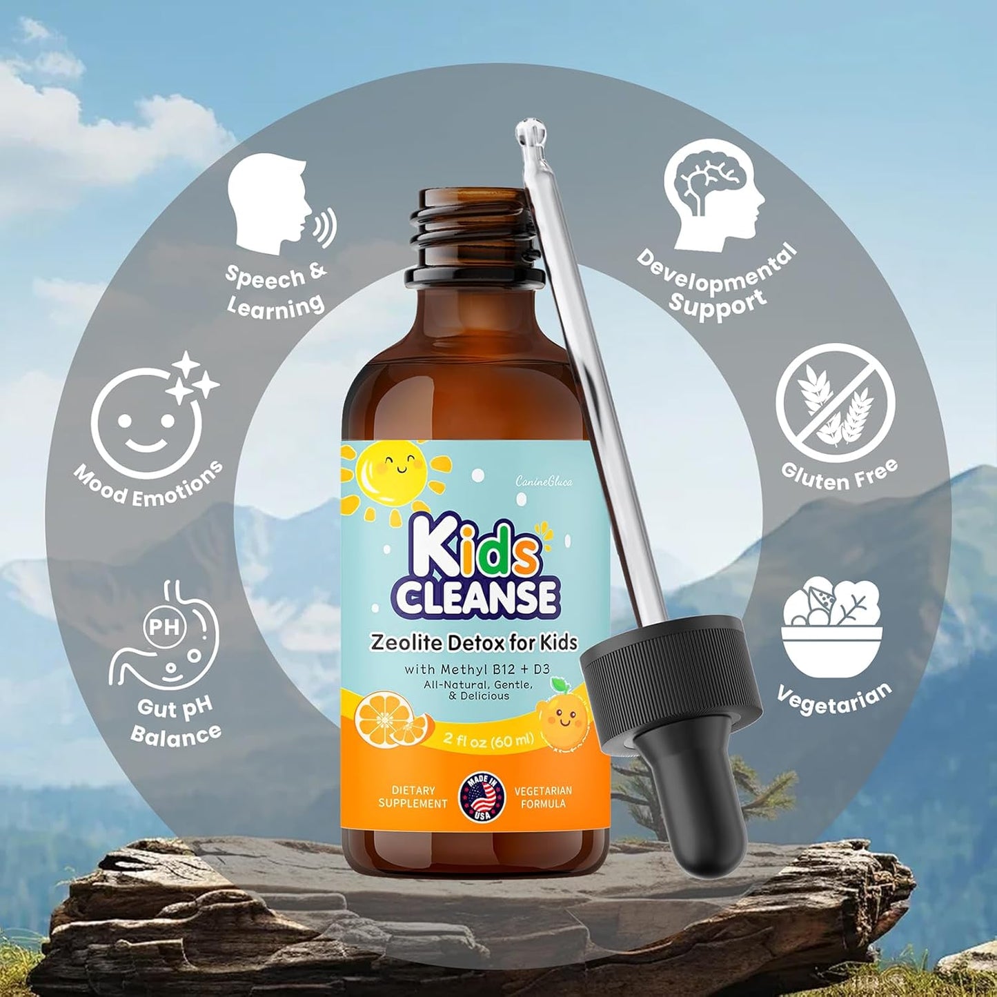 CanineGluca Kids Cleanse: Zeolite Detox Drops for Kids with Methyl B12, D3 - Heavy Metal Detox & Gut Health Support - Liquid Supplement (2oz)
