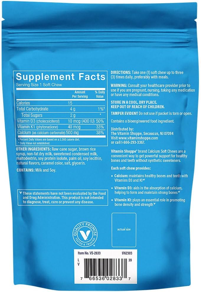 Caramel Flavored Calcium Chews with Vitamin K1 & D3 - 1,000mg for Strong Bones & Teeth (60 Chews)