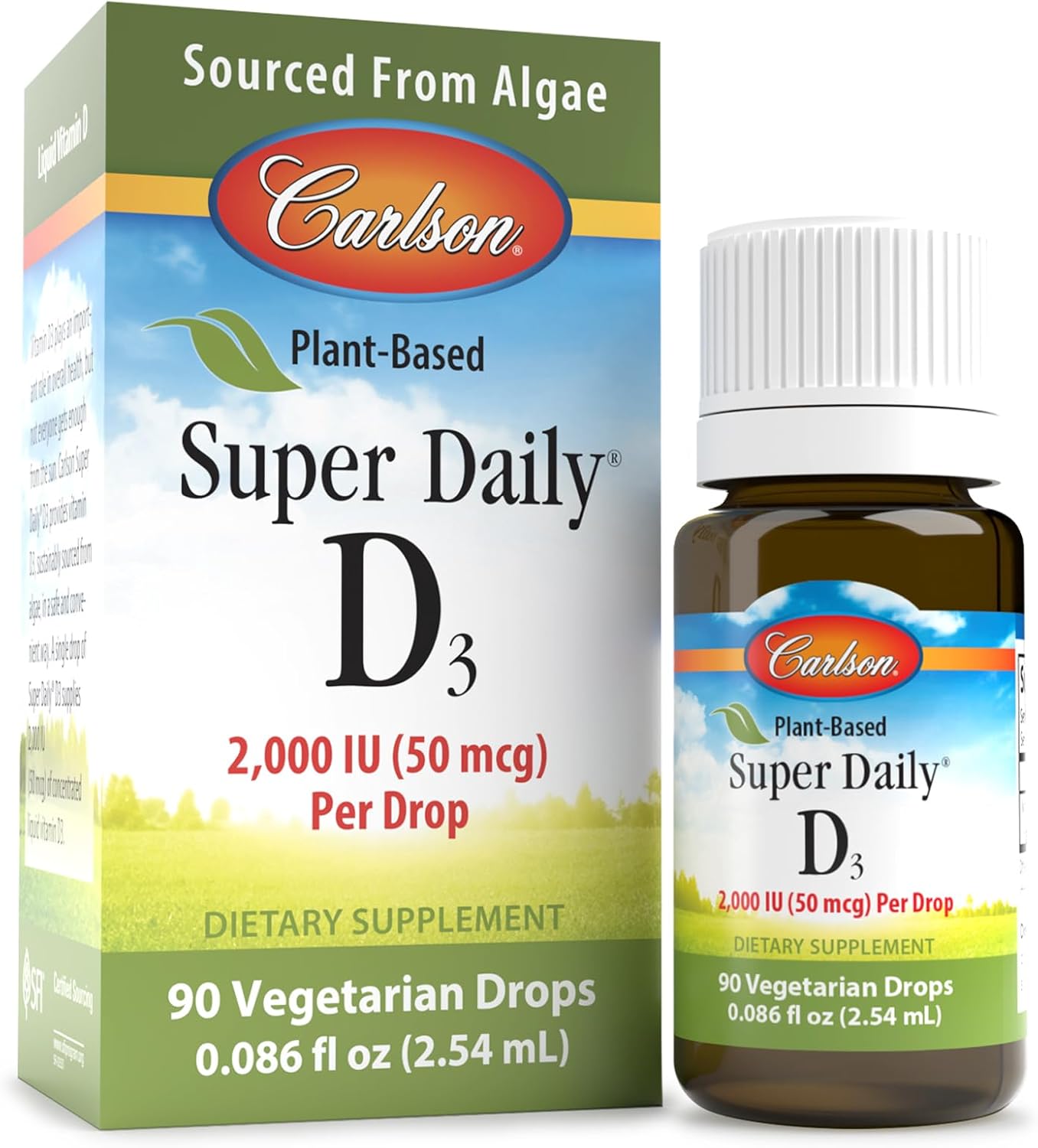 Carlson Plant-Based Super Daily D3 Liquid Drops - 2000 IU per Drop, Vegetarian Vitamin D Supplement from Algae - Unflavored - 90 Drops