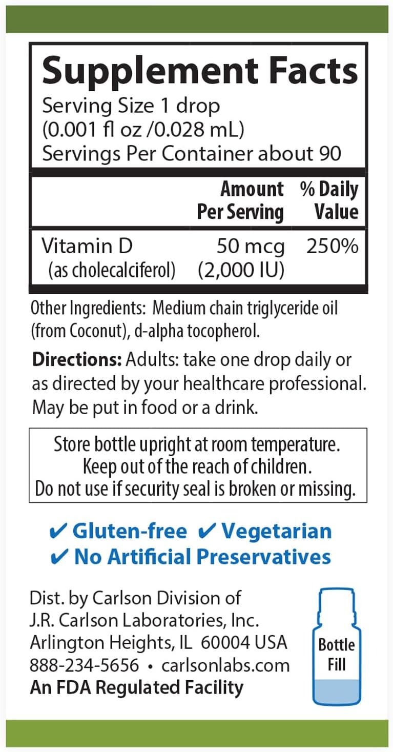 Carlson Plant-Based Super Daily D3 Liquid Drops - 2000 IU per Drop, Vegetarian Vitamin D Supplement from Algae - Unflavored - 90 Drops