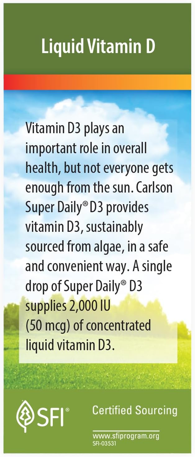 Carlson Plant-Based Super Daily D3 Liquid Drops - 2000 IU per Drop, Vegetarian Vitamin D Supplement from Algae - Unflavored - 90 Drops
