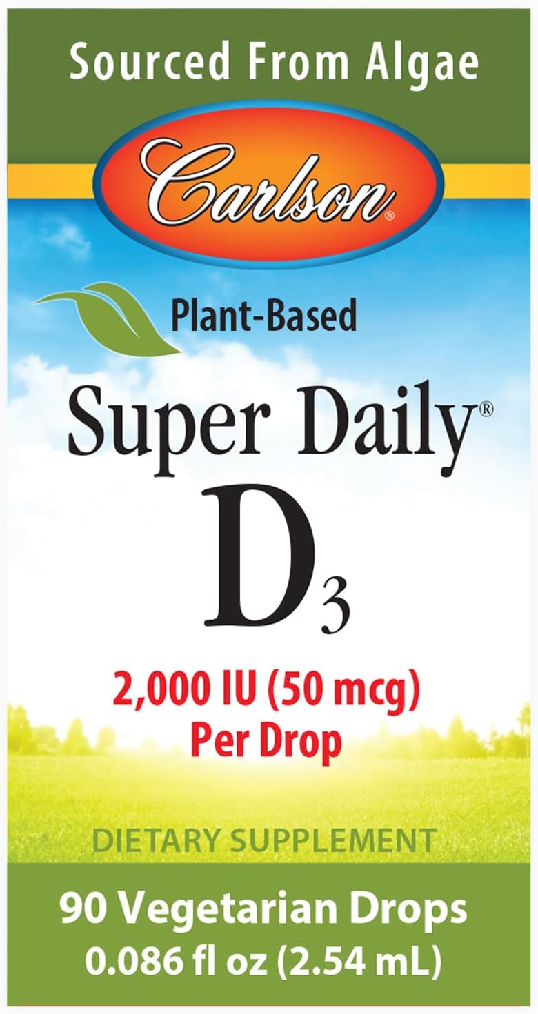 Carlson Plant-Based Super Daily D3 Liquid Drops - 2000 IU per Drop, Vegetarian Vitamin D Supplement from Algae - Unflavored - 90 Drops