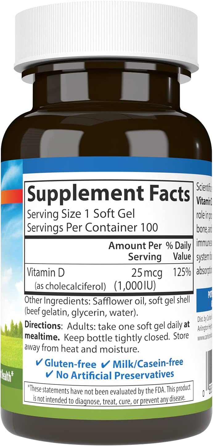 Carlson Vitamin D3 Soft Gels, 1000 IU (25 mcg), Bone & Muscle Health Support, Cholecalciferol Supplement