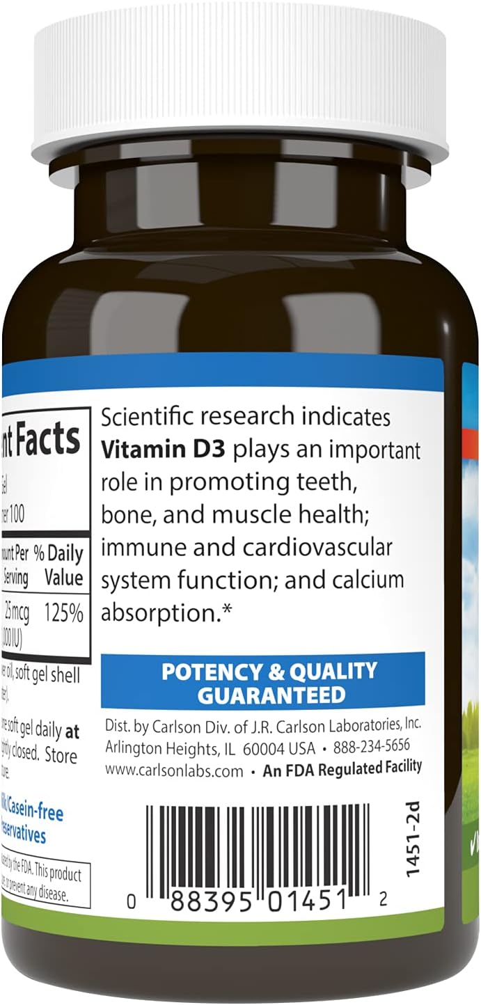 Carlson Vitamin D3 Soft Gels, 1000 IU (25 mcg), Bone & Muscle Health Support, Cholecalciferol Supplement