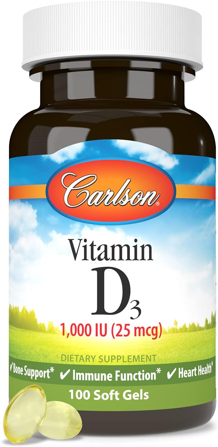 Carlson Vitamin D3 Soft Gels, 1000 IU (25 mcg), Bone & Muscle Health Support, Cholecalciferol Supplement