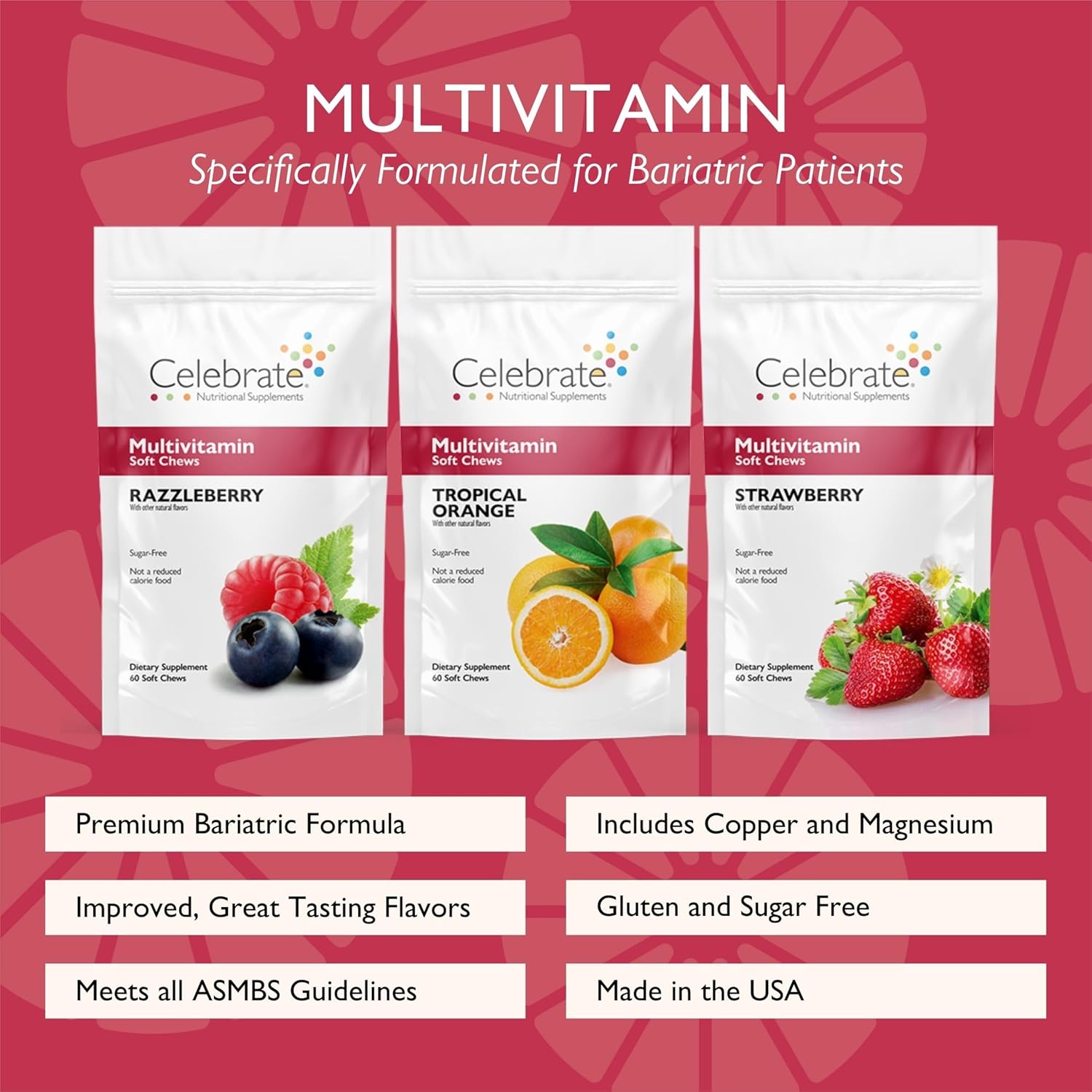 Celebrate Vitamins Bariatric Multivitamin Soft Chews - Berry/Strawberry/Orange - 180ct - Sugar & Gluten Free - Gastric Bypass & Sleeve Gastrectomy Supplement