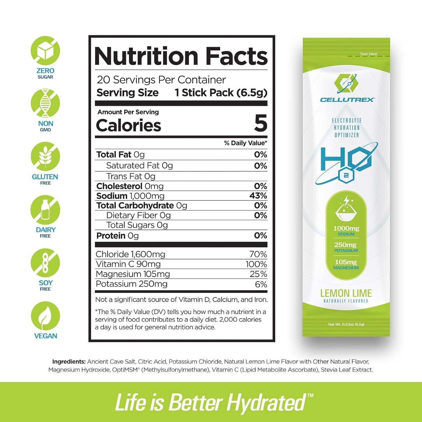 Cellutrex® H2O Electrolytes Lemon Lime Powder Drink Mix - Zero Sugar, Non-GMO, Natural Salt for Workouts & Travel - 20 Stick Packs