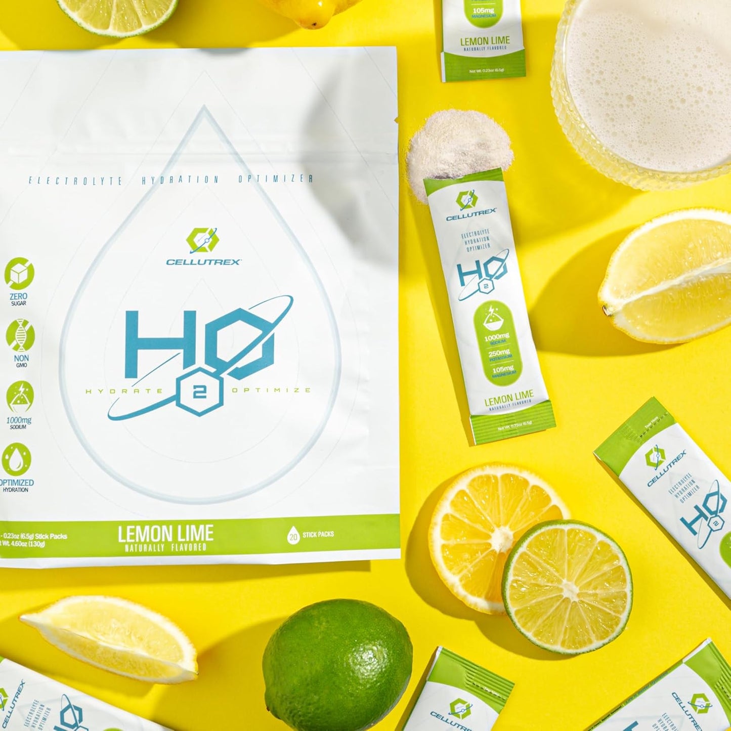 Cellutrex® H2O Electrolytes Lemon Lime Powder Drink Mix - Zero Sugar, Non-GMO, Natural Salt for Workouts & Travel - 20 Stick Packs