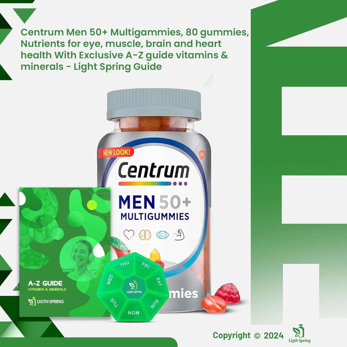 Centrum Silver Men 50+ Gummies - 80 Count Multivitamin Supplement with Weekly Pill Organizer and A to Z Light & Spring Guide