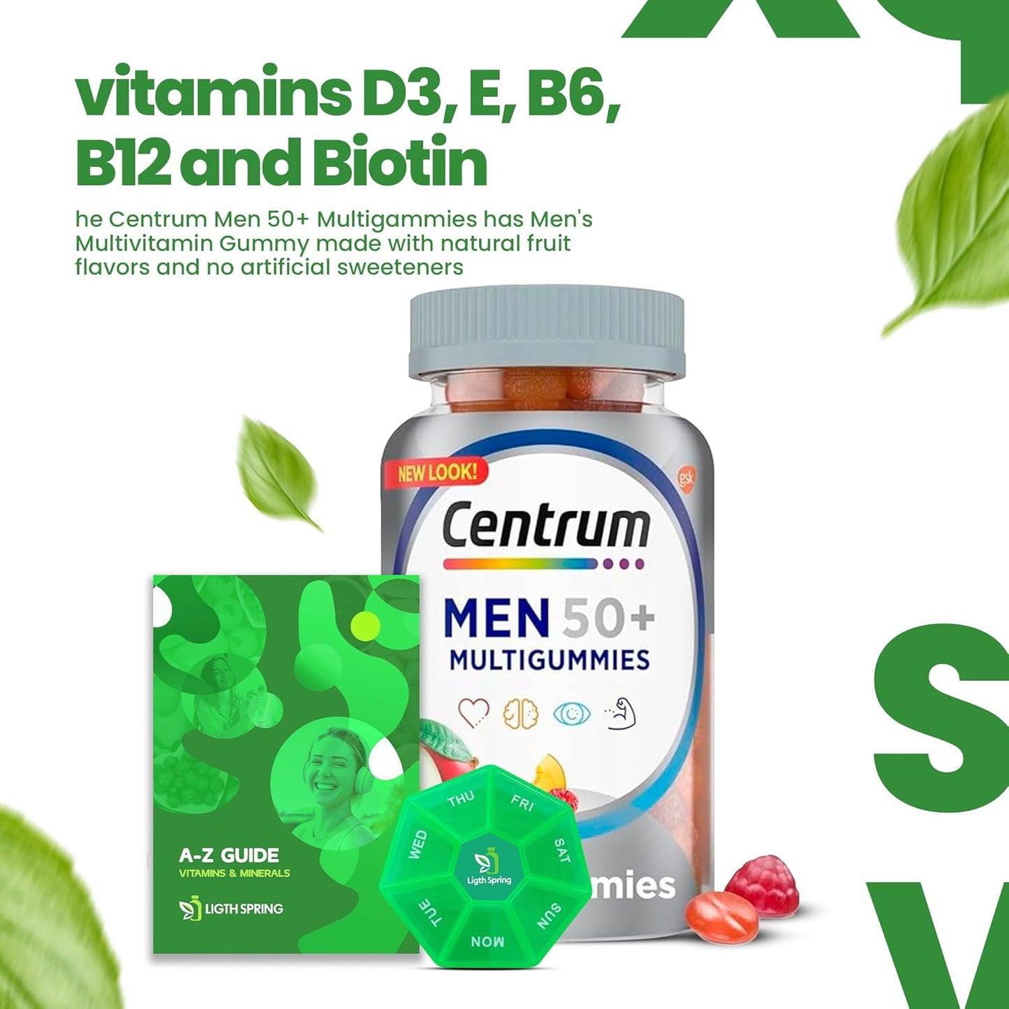 Centrum Silver Men 50+ Gummies - 80 Count Multivitamin Supplement with Weekly Pill Organizer and A to Z Light & Spring Guide