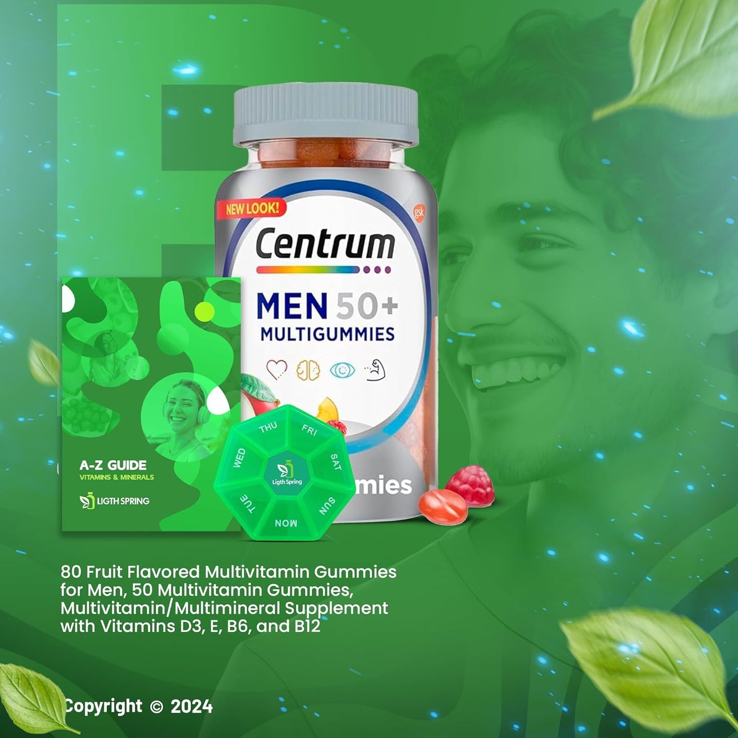 Centrum Silver Men 50+ Gummies - 80 Count Multivitamin Supplement with Weekly Pill Organizer and A to Z Light & Spring Guide