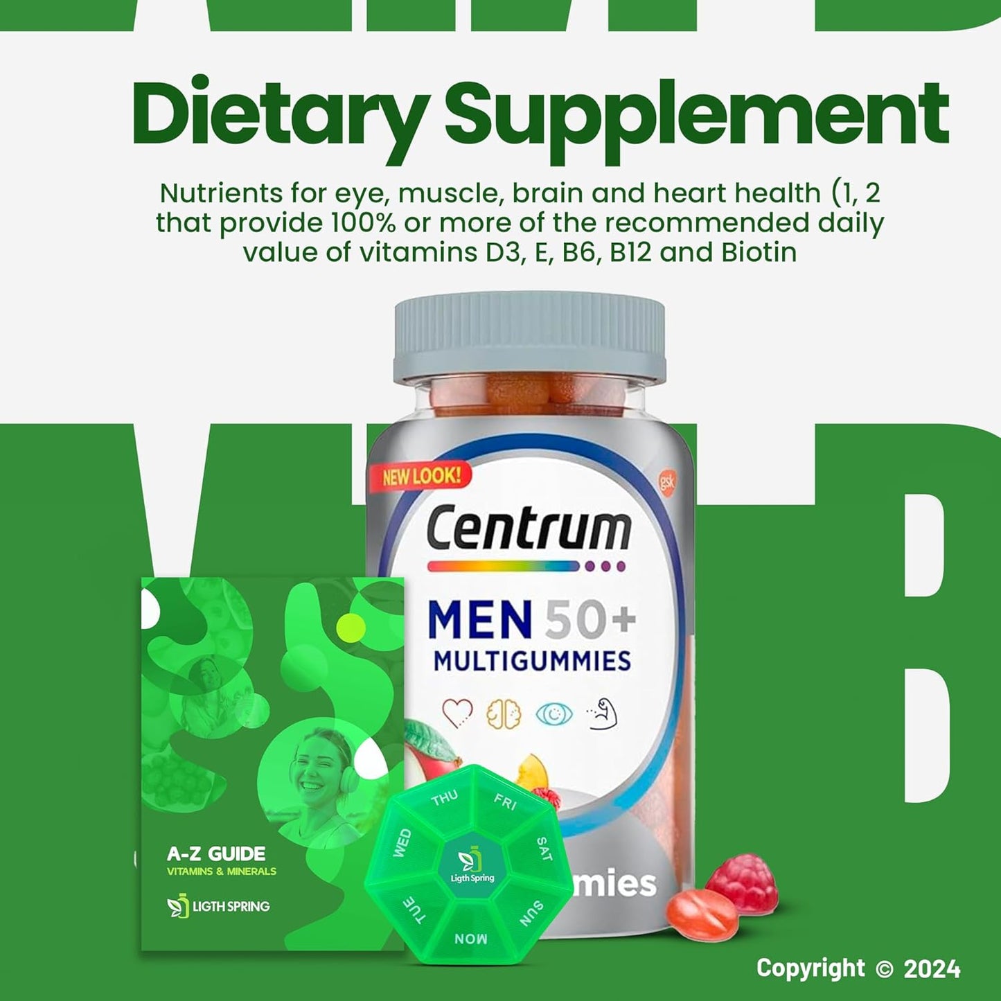Centrum Silver Men 50+ Gummies - 80 Count Multivitamin Supplement with Weekly Pill Organizer and A to Z Light & Spring Guide