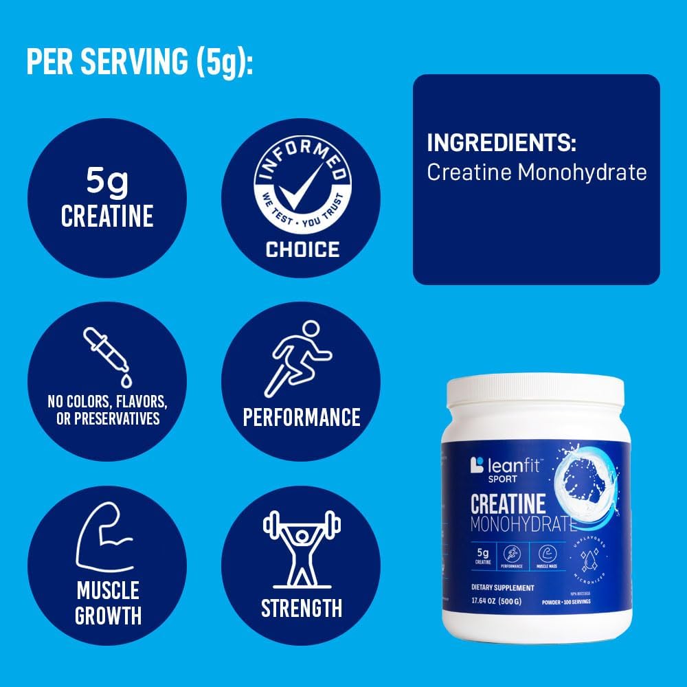 Certified LeanFit Sport Creatine Monohydrate Powder - Unflavored, Micronized & Pharmaceutical Grade, Gluten-Free & Vegan - 5g Creatine Per Serving, 100 Servings, 17.64oz Tub