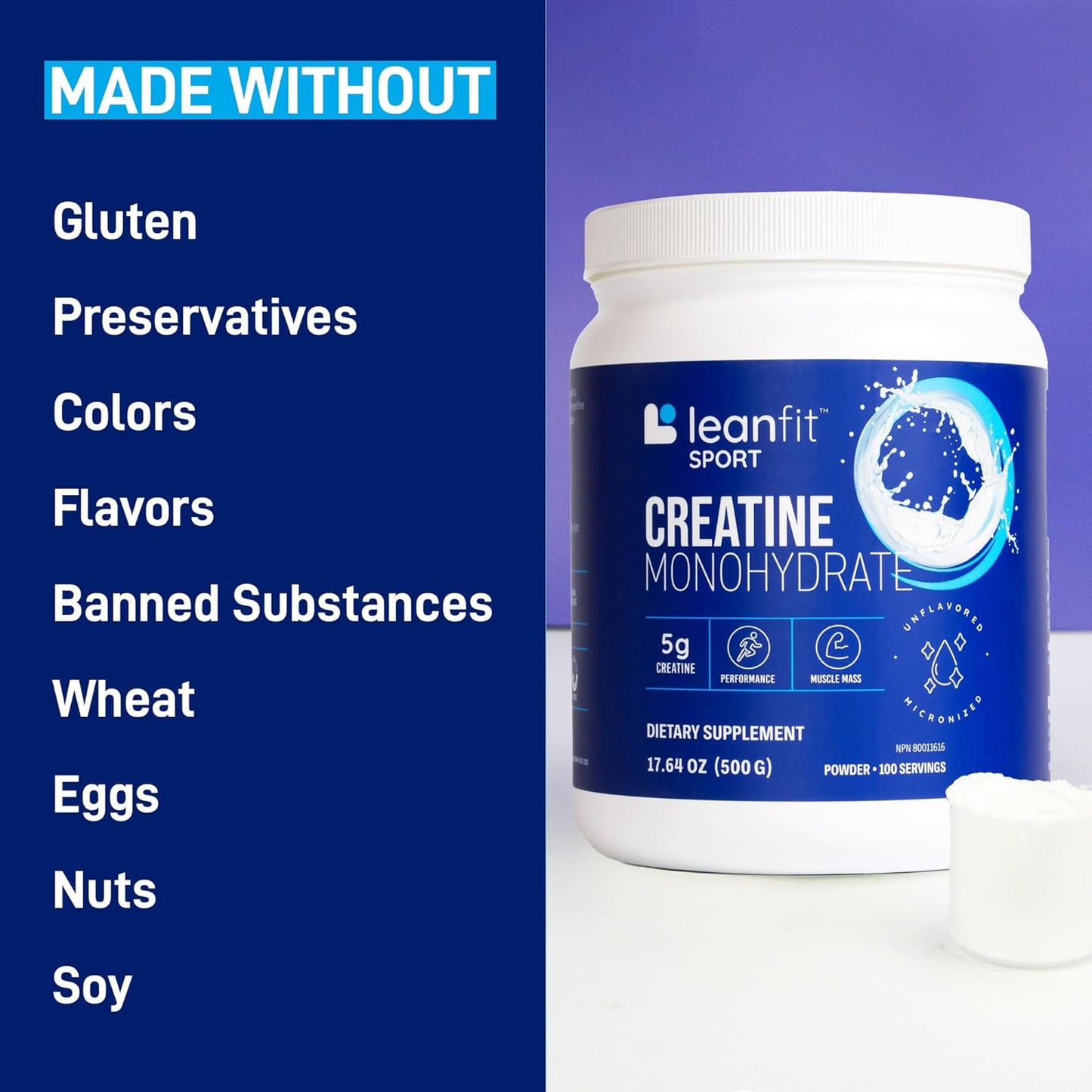 Certified LeanFit Sport Creatine Monohydrate Powder - Unflavored, Micronized & Pharmaceutical Grade, Gluten-Free & Vegan - 5g Creatine Per Serving, 100 Servings, 17.64oz Tub