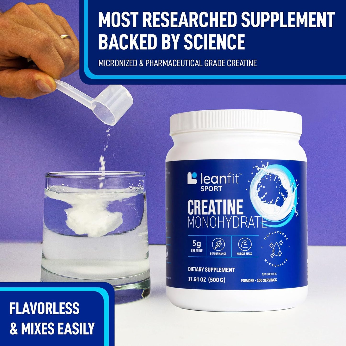 Certified LeanFit Sport Creatine Monohydrate Powder - Unflavored, Micronized & Pharmaceutical Grade, Gluten-Free & Vegan - 5g Creatine Per Serving, 100 Servings, 17.64oz Tub