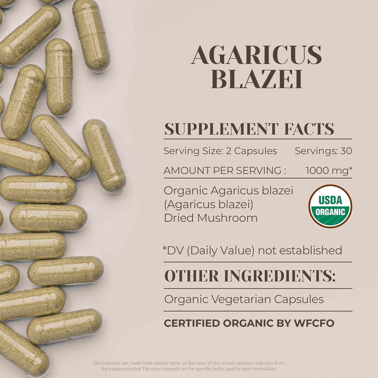 Certified Organic Agaricus Blazei Mushroom Capsules - High-Potency Vegetarian Supplement - USDA Organic Dried Mushroom Capsules (60 Count)