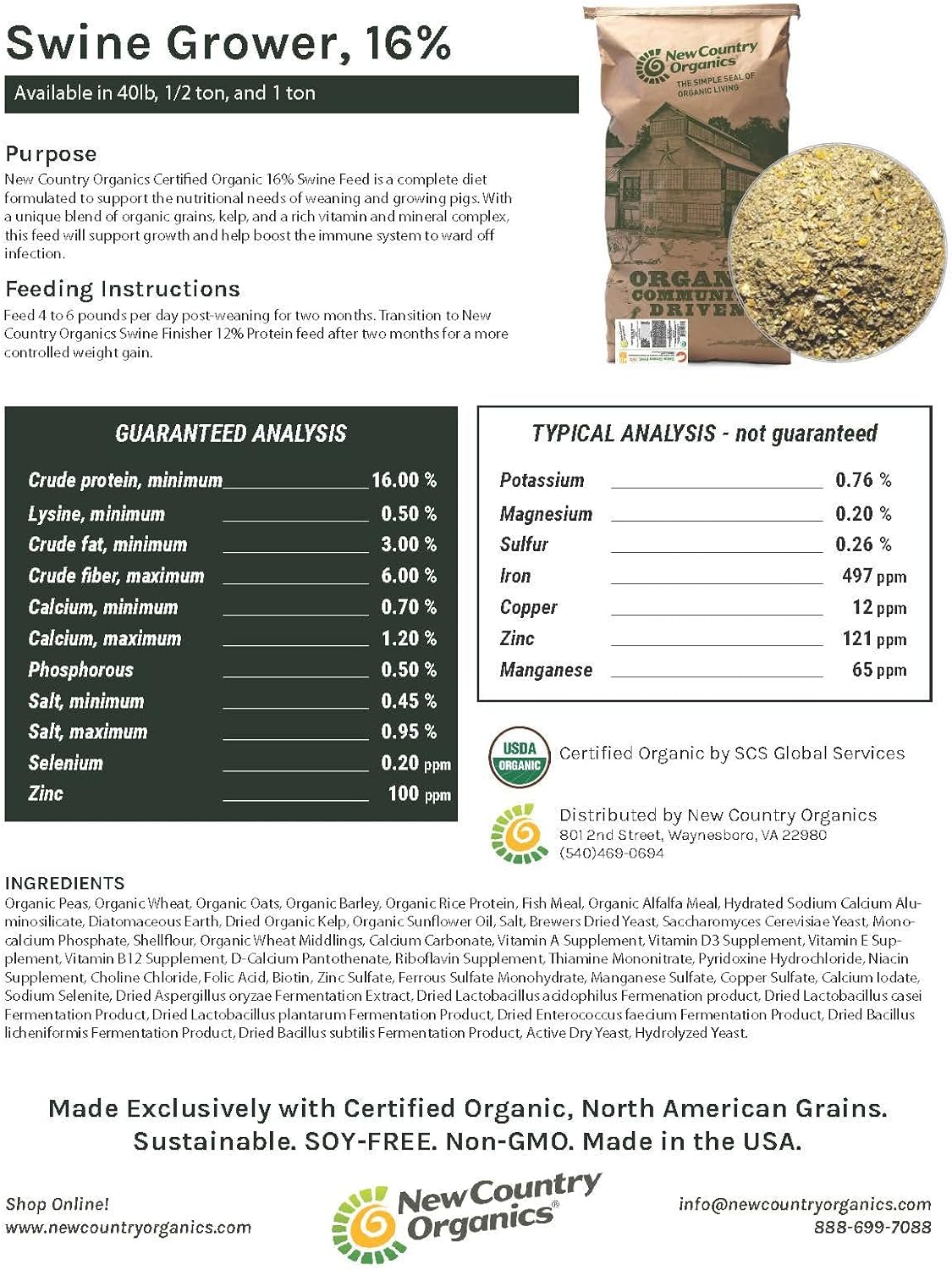 Certified Organic Non-GMO Swine Feed - 16% Protein for Growing Hogs - Soy-Free - 40 lbs